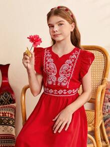SHEIN Tween Girl's Loose, Cute, Conservative Vacation Cap Sleeve Paisley Printed Blouse And Solid Color Skirt Set
