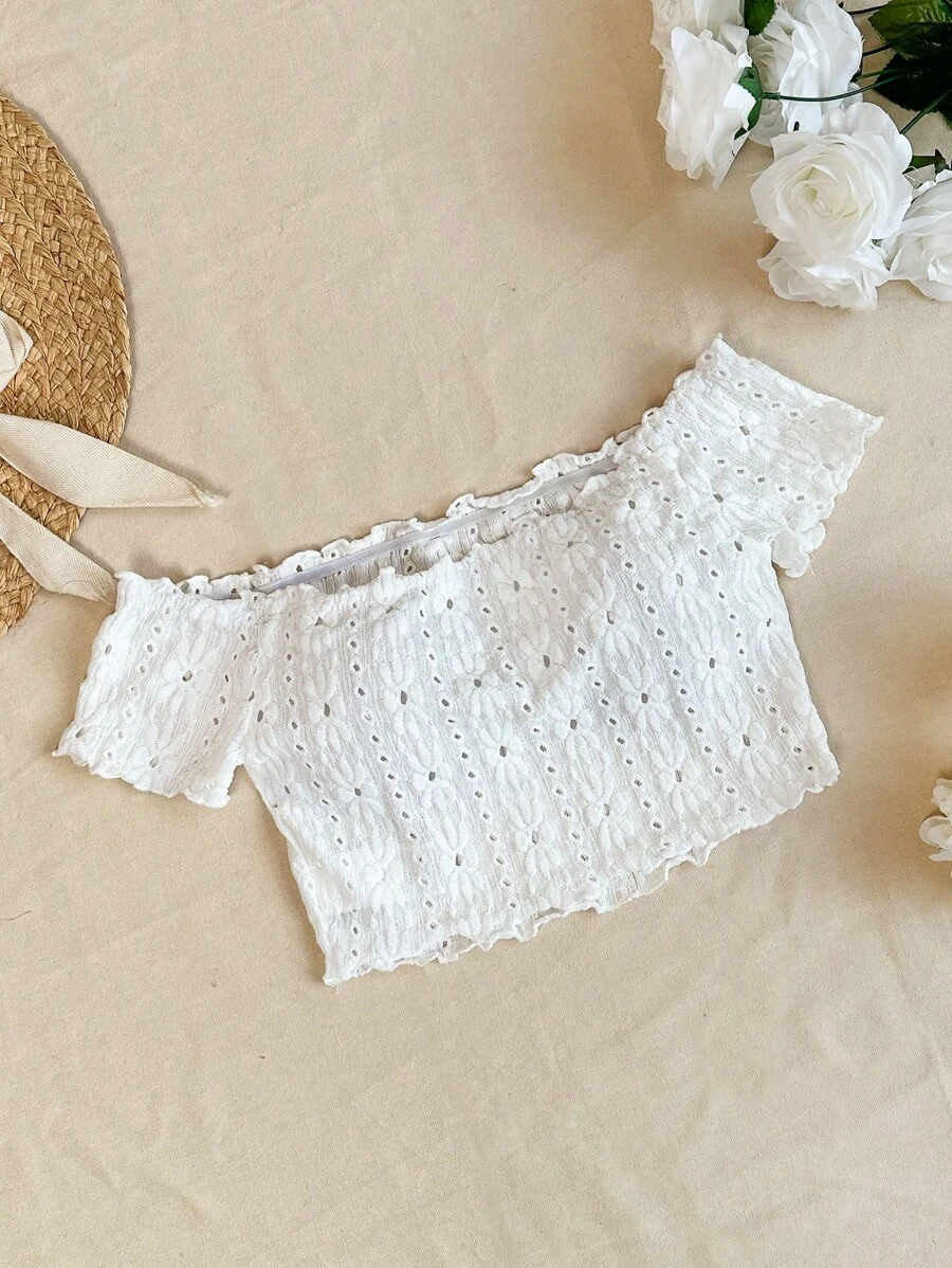 Soleia 女式度假休閒露肩鏤空刺繡短上衣 - 白色 - 查看 1