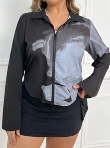 SHEIN Essnce Women's Plus Size Black/Blue Designer Inspired Long Sleeve Double-Zipper Blouse For Spring/Summer - Multicolor - View 4