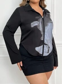 SHEIN Essnce Women's Plus Size Black/Blue Designer Inspired Long Sleeve Double-Zipper Blouse For Spring/Summer - Multicolor - View 5