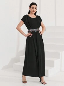 Al Najma 女式圓領腰部拼接亮片蝙蝠短袖連身褲 - 黑色 - 查看 6