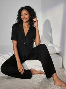 Ocili Leisure Solid Color V-Neck Top & Straight Pants Home Wear Set Holiday Season Outfit - Black - View 6