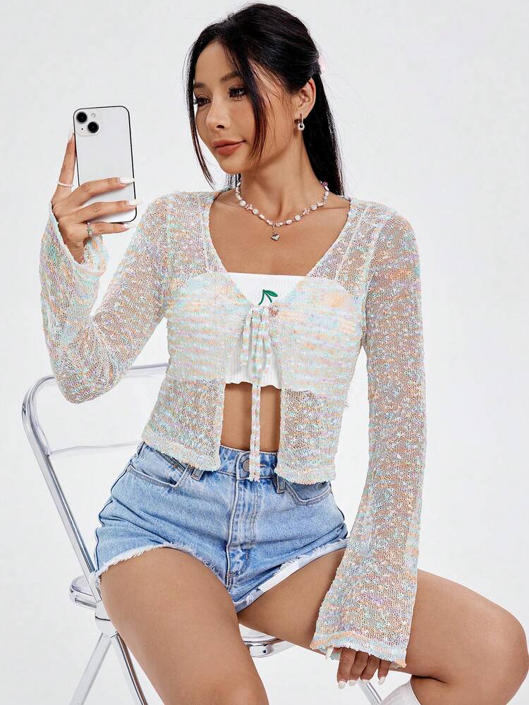 Casual Space Dye Blended Fabric Perspective Style Tie Front Y2k Cardigan