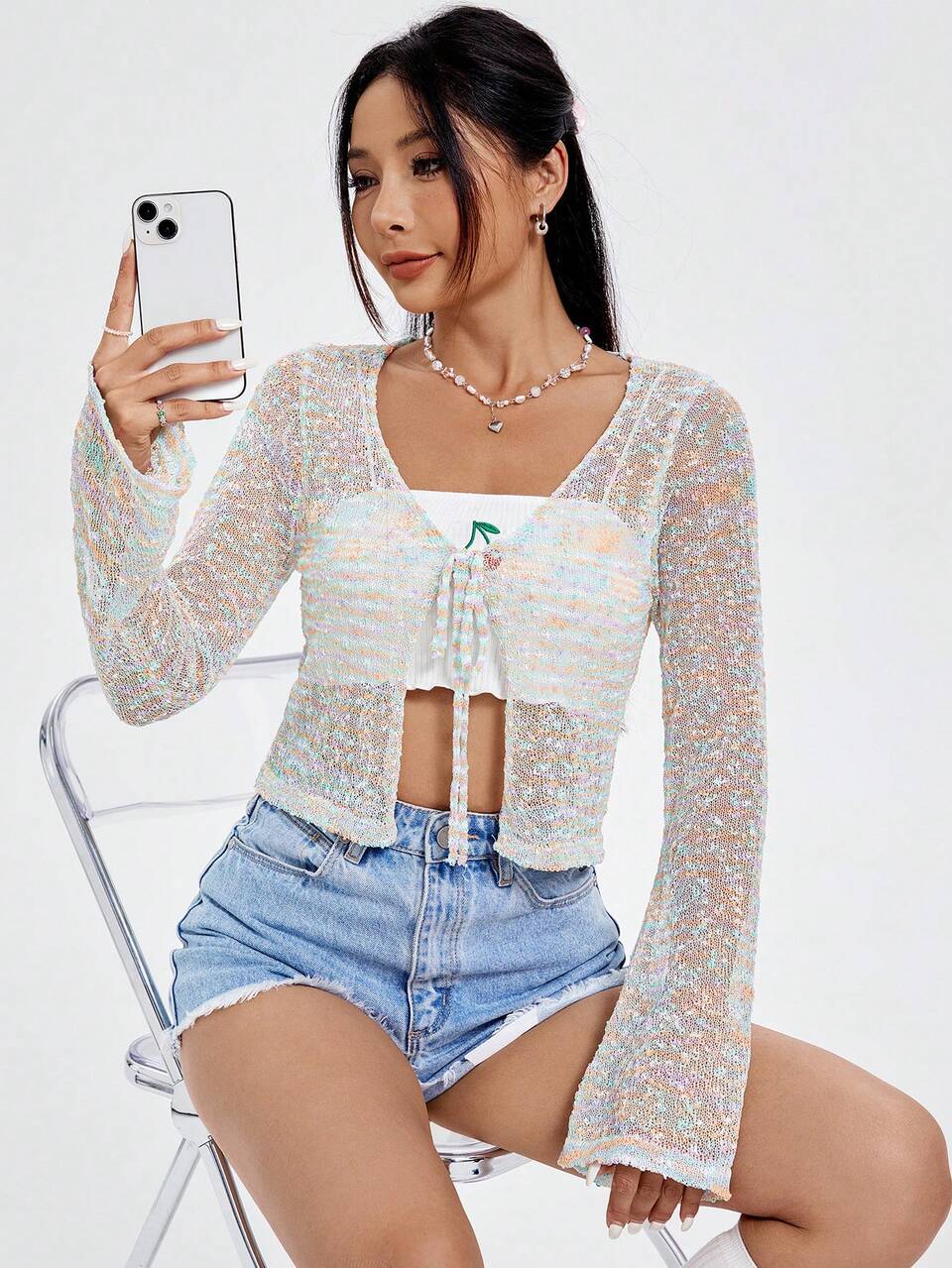 Casual Space Dye Blended Fabric Perspective Style Tie Front Y2k Cardigan