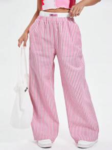 SHEIN MOD Women's Elastic Waist Striped Color Block Wide Leg Pants - Multicolor - View 4