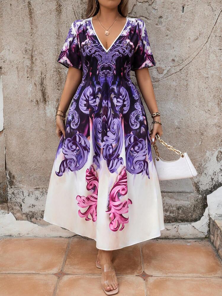 Plus Size Women's Floral Printed Short Sleeve Dress