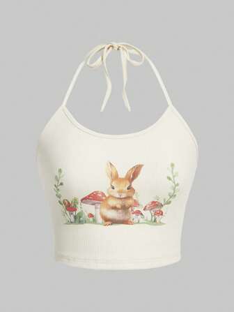 Fairycore Women's Countryside Style Rabbit & Mushroom Pattern Halter Top