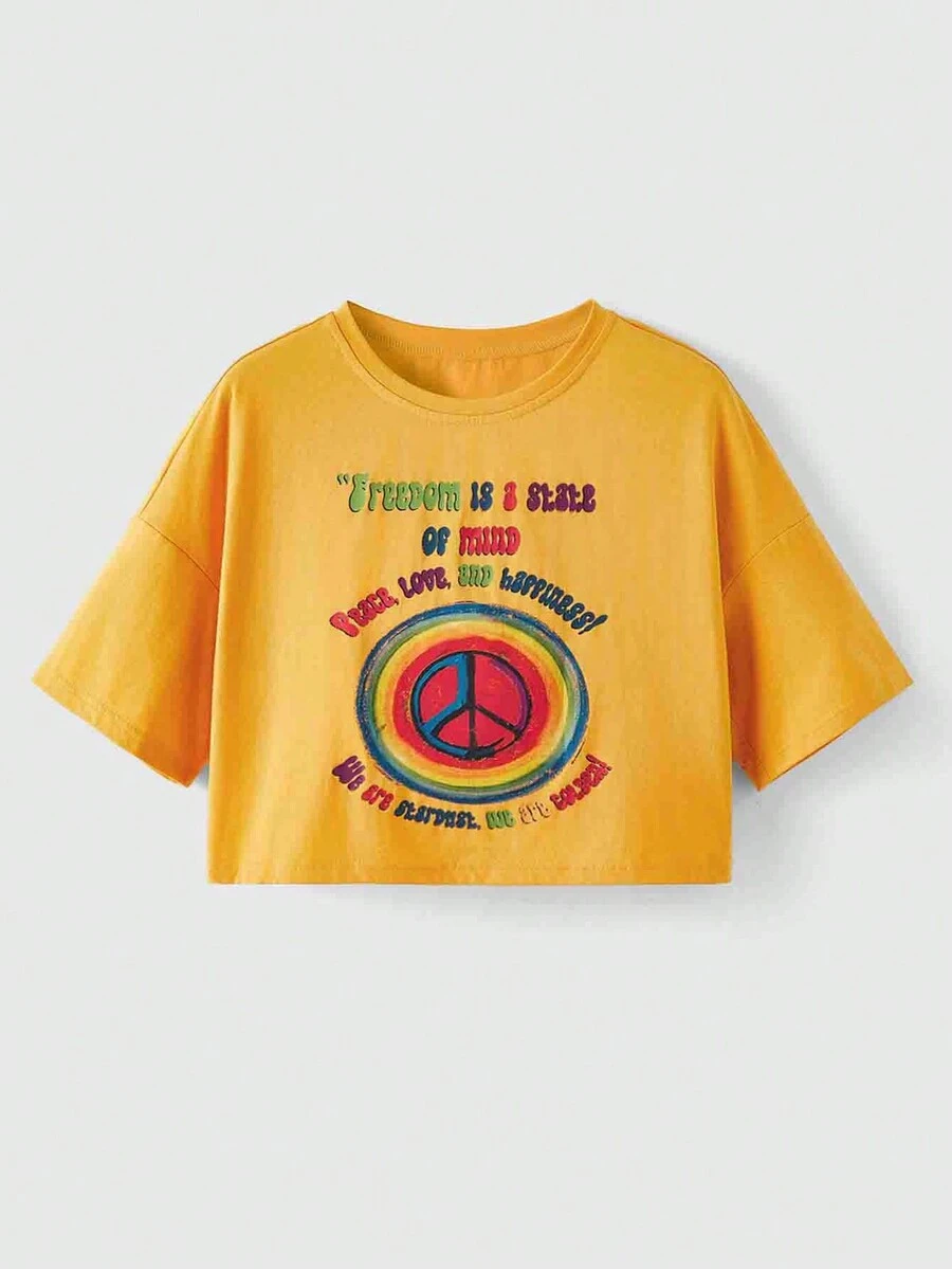 ROMWE Hippie Của phụ nữ Slogan In Vòng cổ Áo thun - Màu vàng - Xem 1