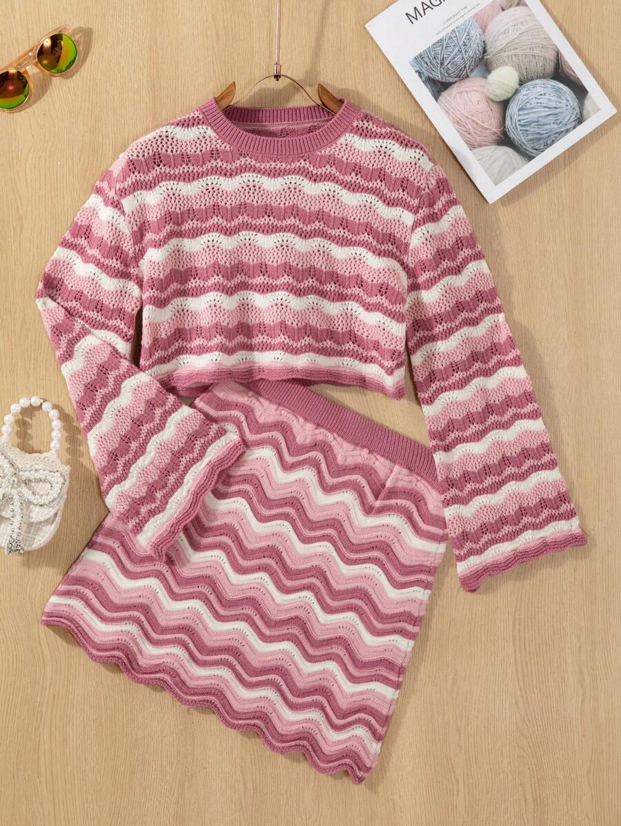 少女鬆身大波浪圖案毛衣和裙子休閒套裝