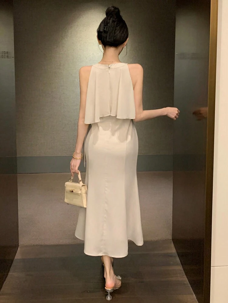 Women's Elegant Round Neck Sleeveless Dress With Cinching Waist, Birthday Prom Dress,Ruffle