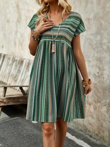 SHEIN LUNE Geometric Print V-Neck Loose Fit Dress - Multicolor - View 6