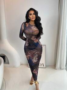 SHEIN SXY 女士圓領修身連身裙 - 黑色 - 查看 3