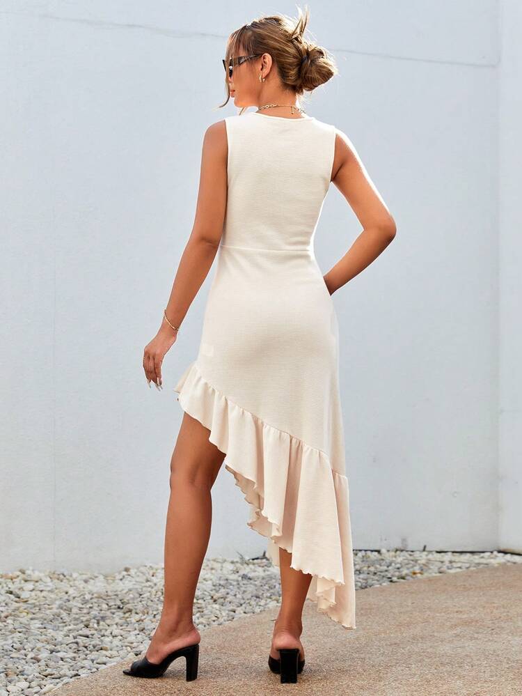 Women Casual Vacation Solid Textured Asymmetrical Ruffled Hem Dress For Summer