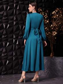 Modelyn 女士纯色圆领灯笼袖阿拉伯连衣裙，优雅晚宴派对长款端庄长袖连衣裙 - 綠色 - 查看 2