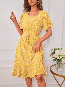 SHEIN LUNE Ladies' Yellow Floral Print Belted Dress - Yellow - View 3