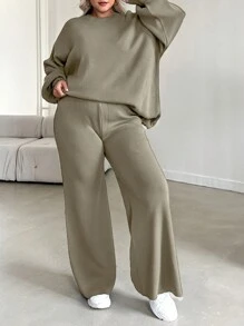 SHEIN Cottnline Plus Size Women's Lantern Sleeve Raglan Sleeve Sweater Set - Mocha Brown - View 6