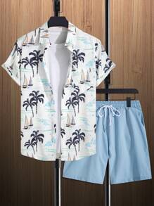 Manfinity RSRT 2pcs/Set Men's Coconut Tree Printed Short-Sleeve Shirt - Baby Blue - View 2