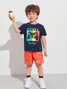 SHEIN Young Boy Gamepad And Letter Print Tee - Navy Blue - View 1