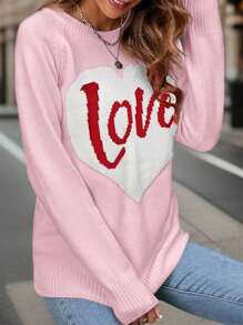 SHEIN LUNE Plus Size Hearts And Letter Pattern Raglan Long-Sleeve Sweater Knit Pullover Fall Winter - Pink - View 1