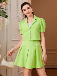 少女休閒校園風短袖西裝外套搭配背心背心和迷你裙套裝 - 彩色 - 查看 1