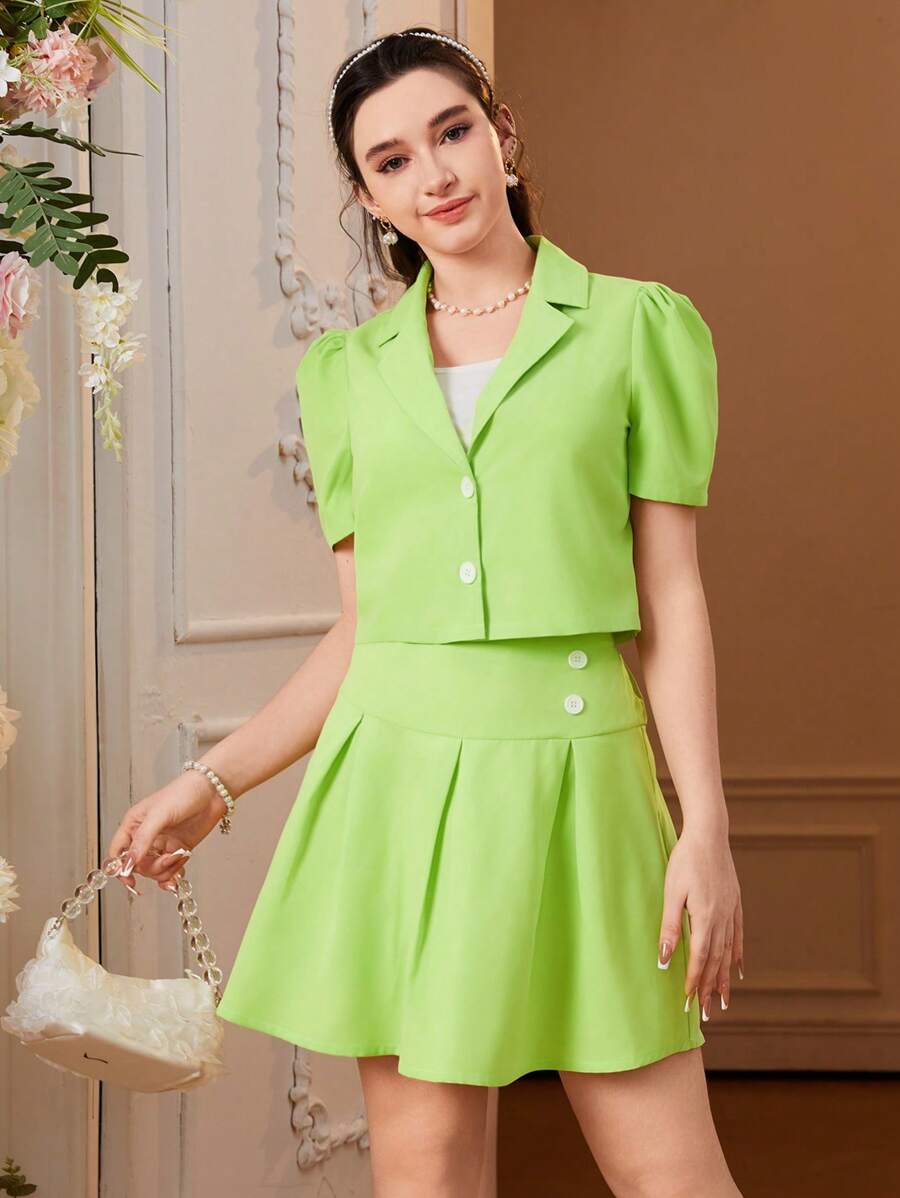 少女休閒校園風短袖西裝外套搭配背心背心和迷你裙套裝 - 彩色 - 查看 1