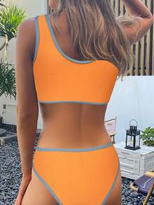 SHEIN Swim 女款夏季海灘撞色修邊兩件套比基尼泳衣嘉年華 - 橘色 - 查看 4