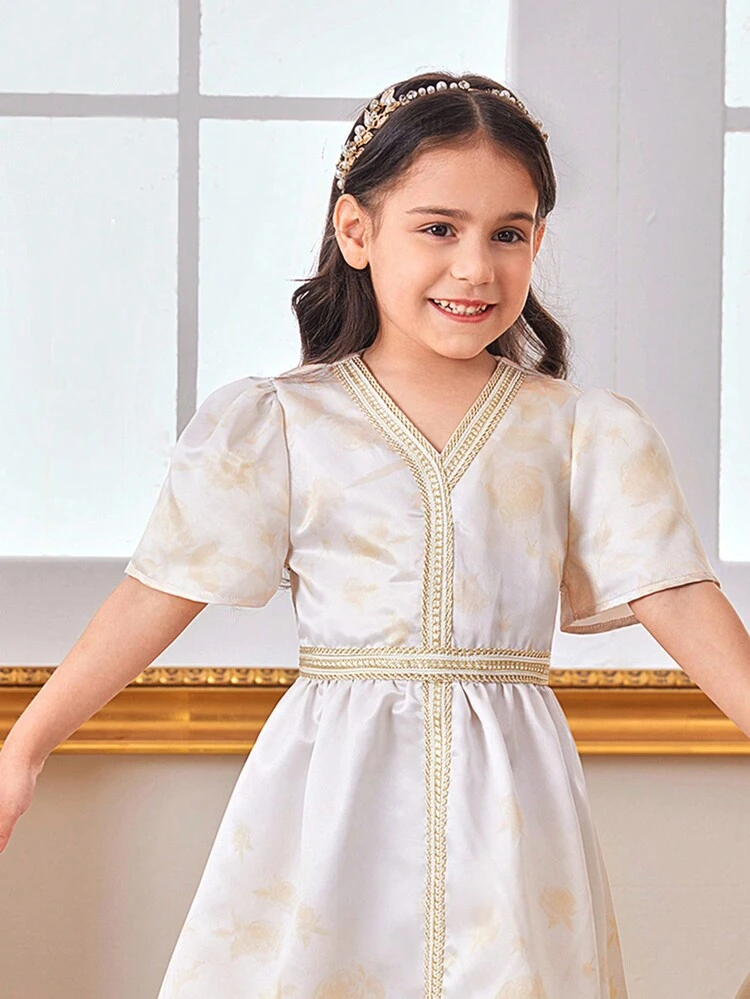 Young Girls' Floral Pattern Laced Belt Embellished Mid-Length Dress