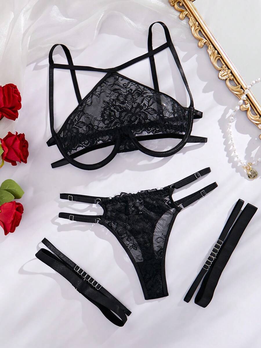 SHEIN Women's Sheer Lace Hollow Out Detail Sexy Lingerie Set - Black - View 1