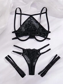 SHEIN Women's Sheer Lace Hollow Out Detail Sexy Lingerie Set - Black - View 2