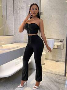 VaVaBold Pleated Strapless Top And Slim Flared Leggings Two Pieces Set - Black - View 5