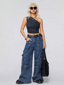 SHEIN EZwear Haut Court Asymétrique Avec Col, Effet Délavé Et Noeuds À La Teinture Pour Un Style