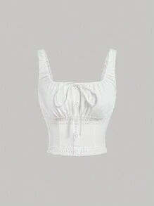 SHEIN MOD 白色蕾丝拼布荷叶边吊带背心 - 白色 - 查看 1