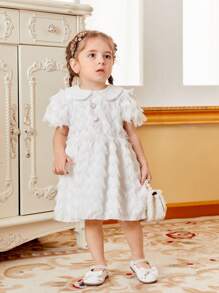 SHEIN Glamorique Kids 春夏款白色彼得潘領流蘇裙,可愛、休閒、優雅,適用於女嬰 - 彩色 - 查看 4