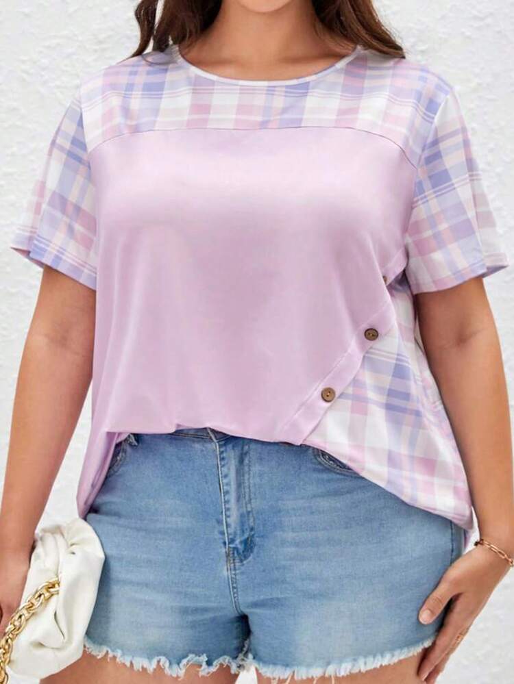 Plus Size Plaid Patchwork Decorated Button Up Tee