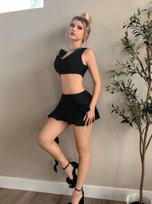Sweetina 純色3d花背心荷葉邊裙子 - 黑色 - 查看 5