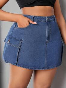 SHEIN SXY Kích thước lớn Denim Lỏng lẻo phù hợp Trang phục làm việc Váy mini Với Túi - Màu xanh lam - Xem 4
