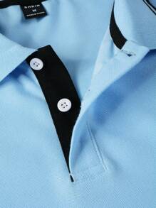 Manfinity Homme Men's Short Sleeve Polo Shirt With Color Blocking Design - Baby Blue - View 5