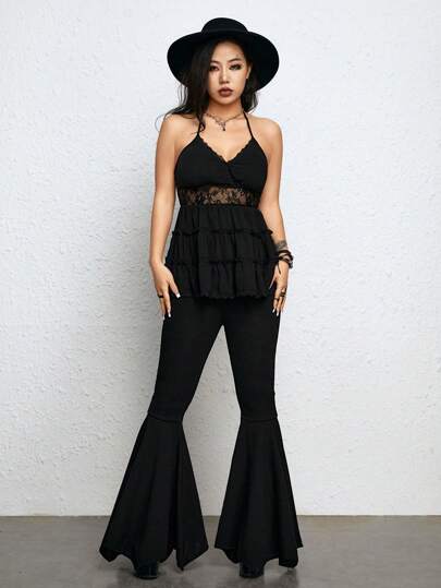 Goth Top Halter Sexy Nero con Spacco di Pizzo & Corda