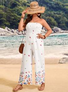 SHEIN LUNE Plus Size Floral Print Strapless Jumpsuit - Beige - View 5