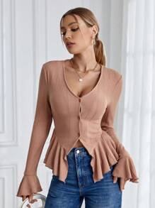 SHEIN MOD Women V-Neck Ruffle Trim Button Front T-Shirt With Hemline For Valentine's Day