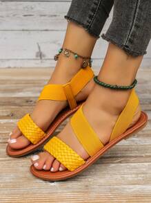 Women's Elastic Strap Flat Sandals With Backstrap And Toe Loop, Plus Size And Small Size Beach Style Casual Daily Commutes - Yellow - View 6