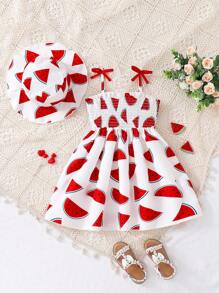 SHEIN Vestido De Impresión De Sandía Para Niñas Jóvenes, Lindo Estilo De Verano - Multicolor - Ver 1