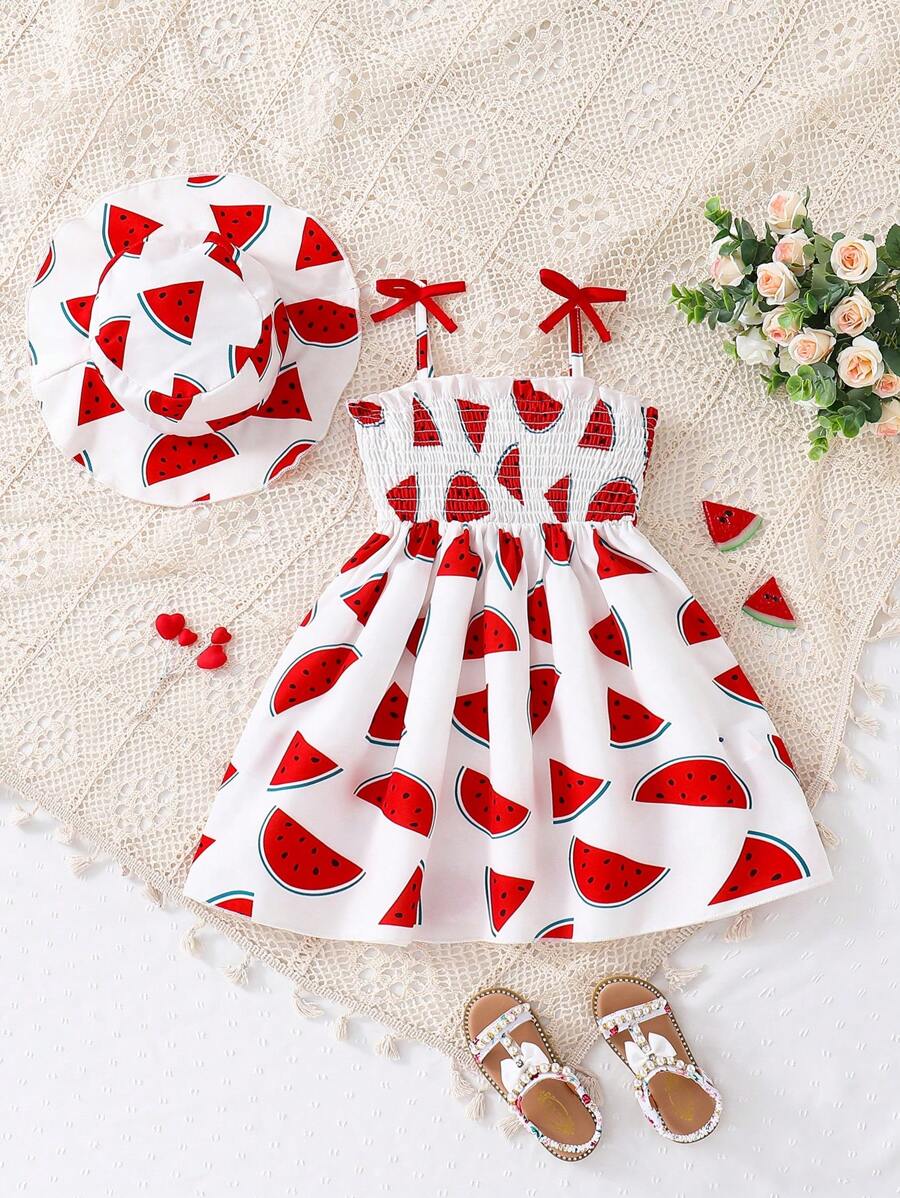 SHEIN Vestido De Impresión De Sandía Para Niñas Jóvenes, Lindo Estilo De Verano - Multicolor - Ver 1