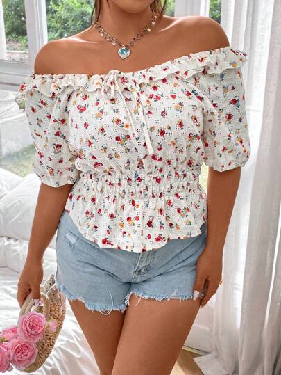 Flirla Camisa De Hombro Descubierto Floral Para Mujer De Talla Grande