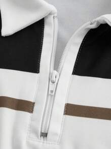 Calvornis 男士半拉鍊條紋 Polo 衫，長袖黑白條紋拼接正式休閒 Polo 衫，適合登山、秋季、幽默丈夫、秋季、儀式 - 黑與白 - 查看 3
