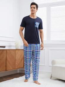 男士格紋印花家居服套裝 - 藏蓝色 - 查看 3