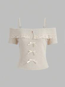 ROMWE Fairycore Áo thun hở vai phối ren có trang trí nơ - trắng - Xem 1