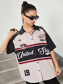 SHEIN Teen Girl's Contrast Color English Printed Pattern Turn-Down Collar Casual Shirt