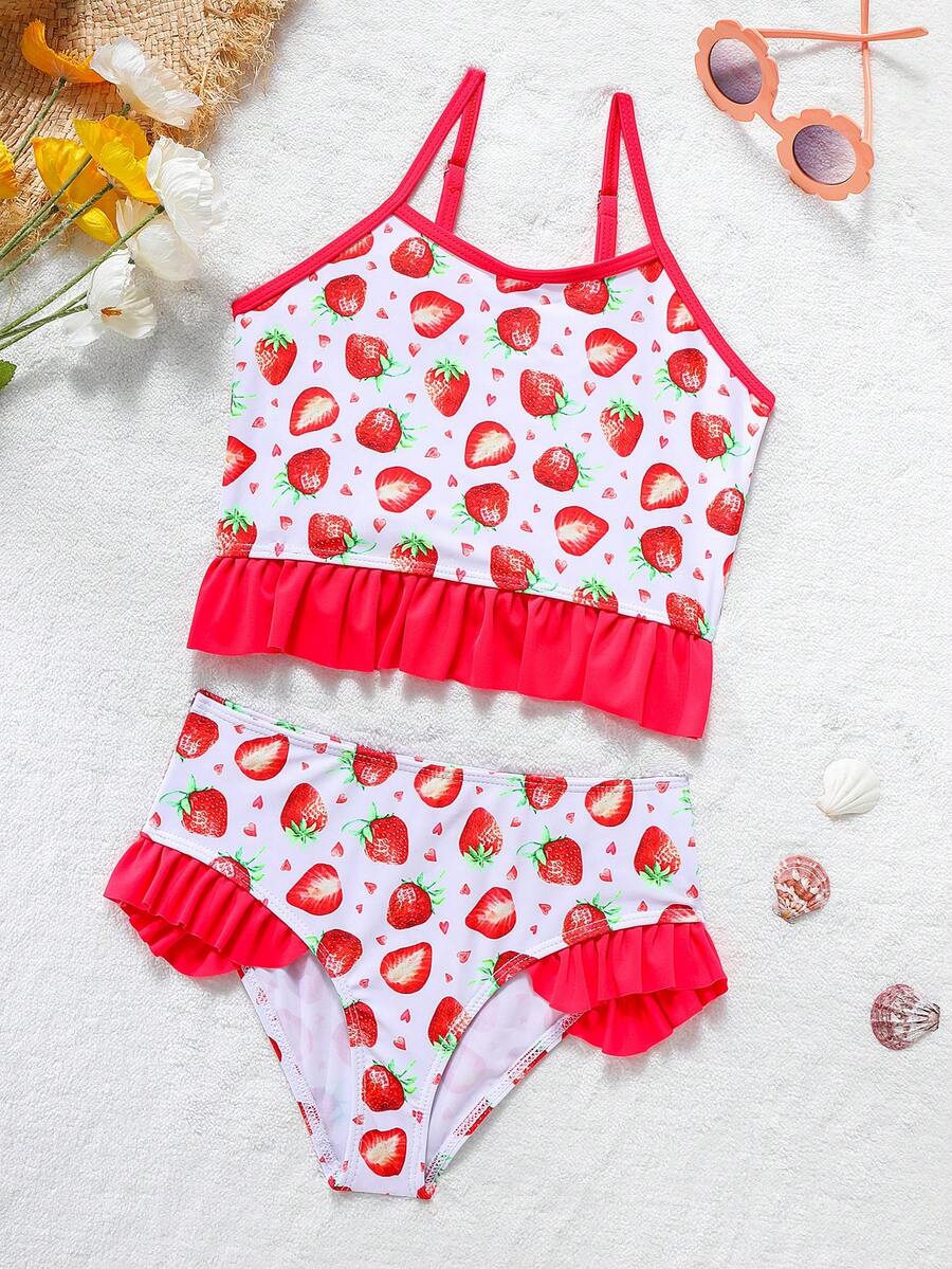 Conjunto de traje de baño con camiseta con estampado de fresa para niñas jóvenes - Rojo - Ver 1