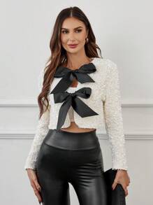 Women's Sequin Decor Bow Long Sleeve Jacket - White - View 1